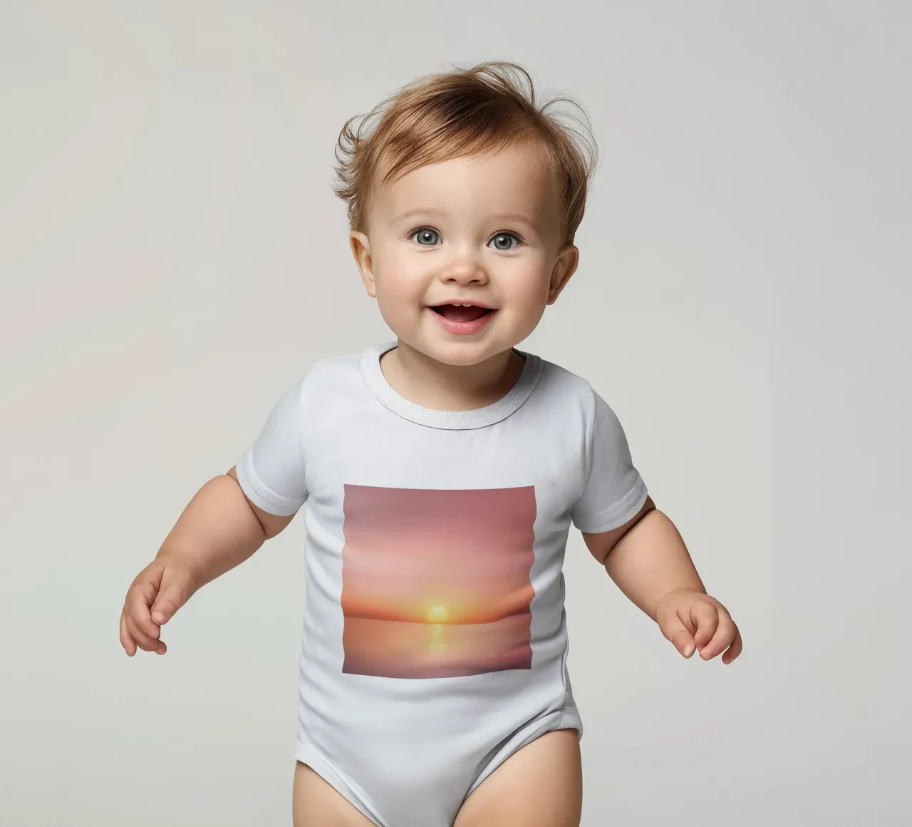 Tramonto minimalista su un mare di specchi body neonato maniche corte da PhotoVibe Decor