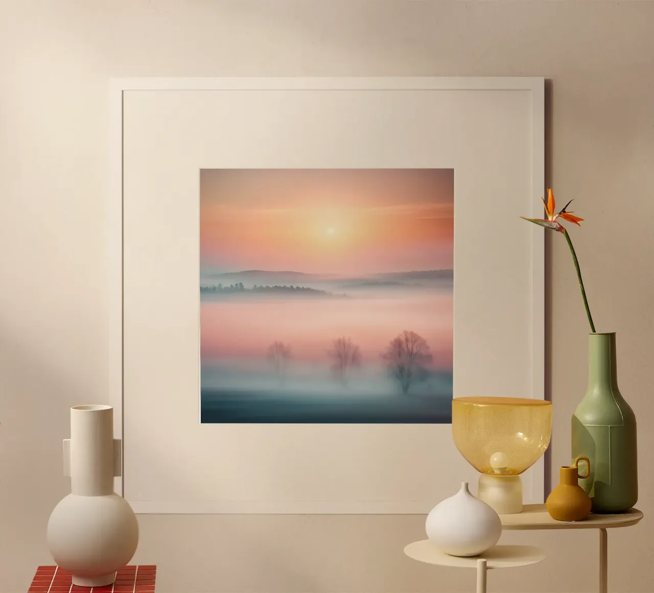 Alba nebbiosa su una valle da sogno poster con telaio in legno da PhotoVibe Decor
