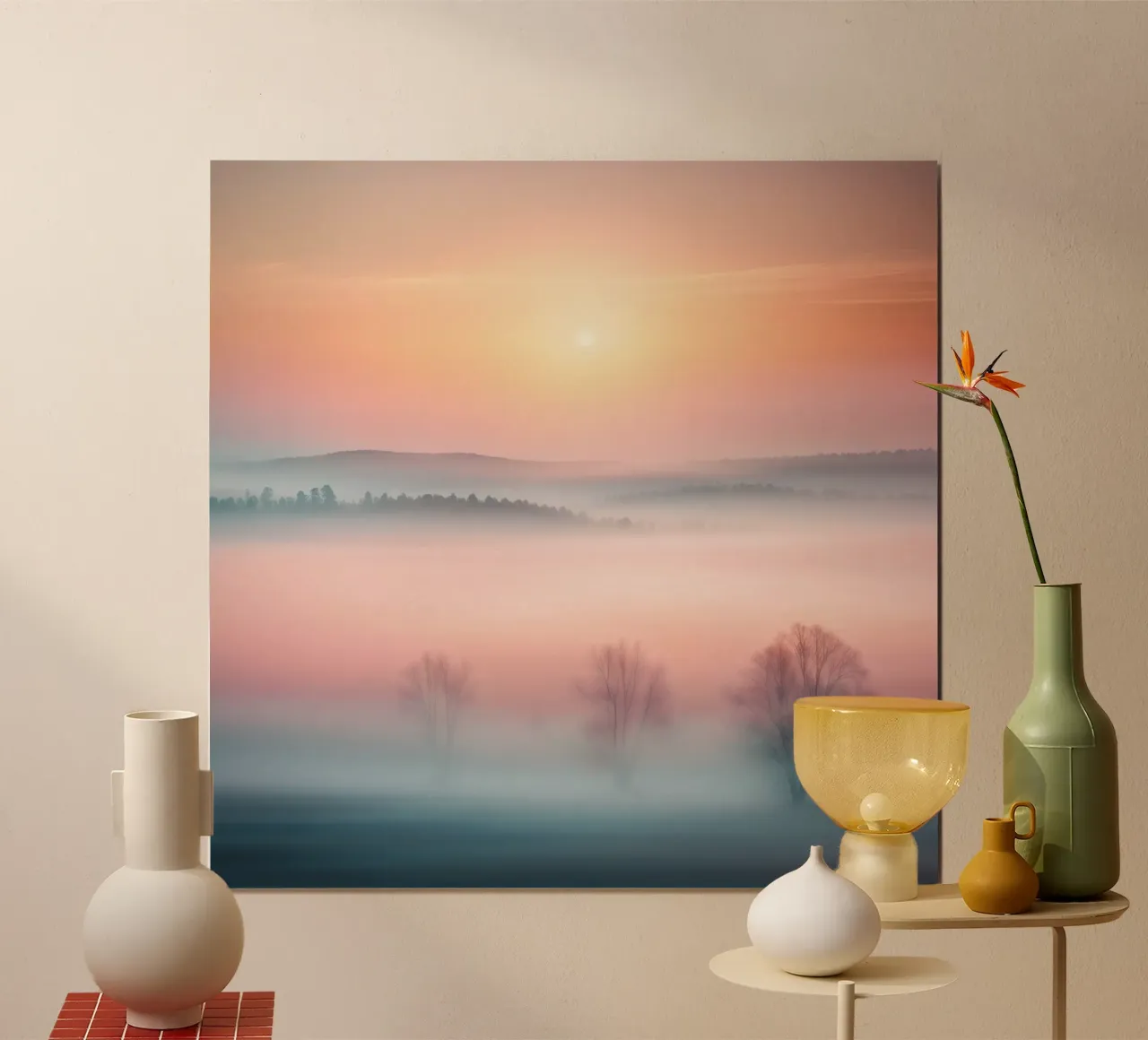 Alba nebbiosa su una valle da sogno poster con telaio in legno da PhotoVibe Decor