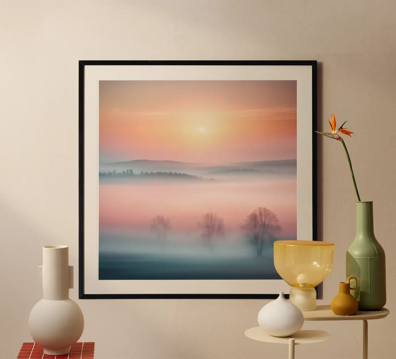 Alba nebbiosa su una valle da sogno poster con telaio in legno da PhotoVibe Decor