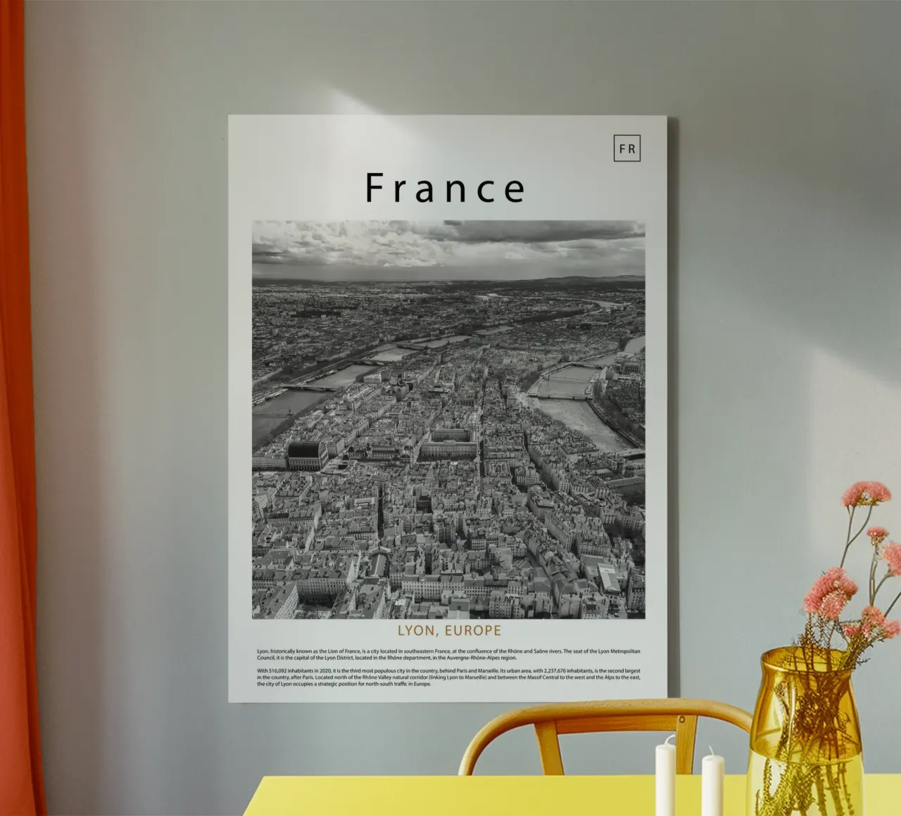 Wandkunst uit Lyon, Frankrijk canvas met Baklijst van ✈ world in frame