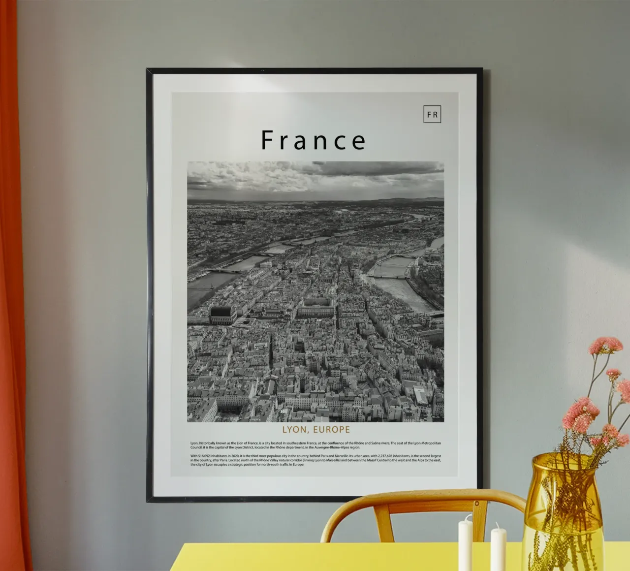 Arte murale da Lione, Francia poster con telaio in plastica da ✈ world in frame