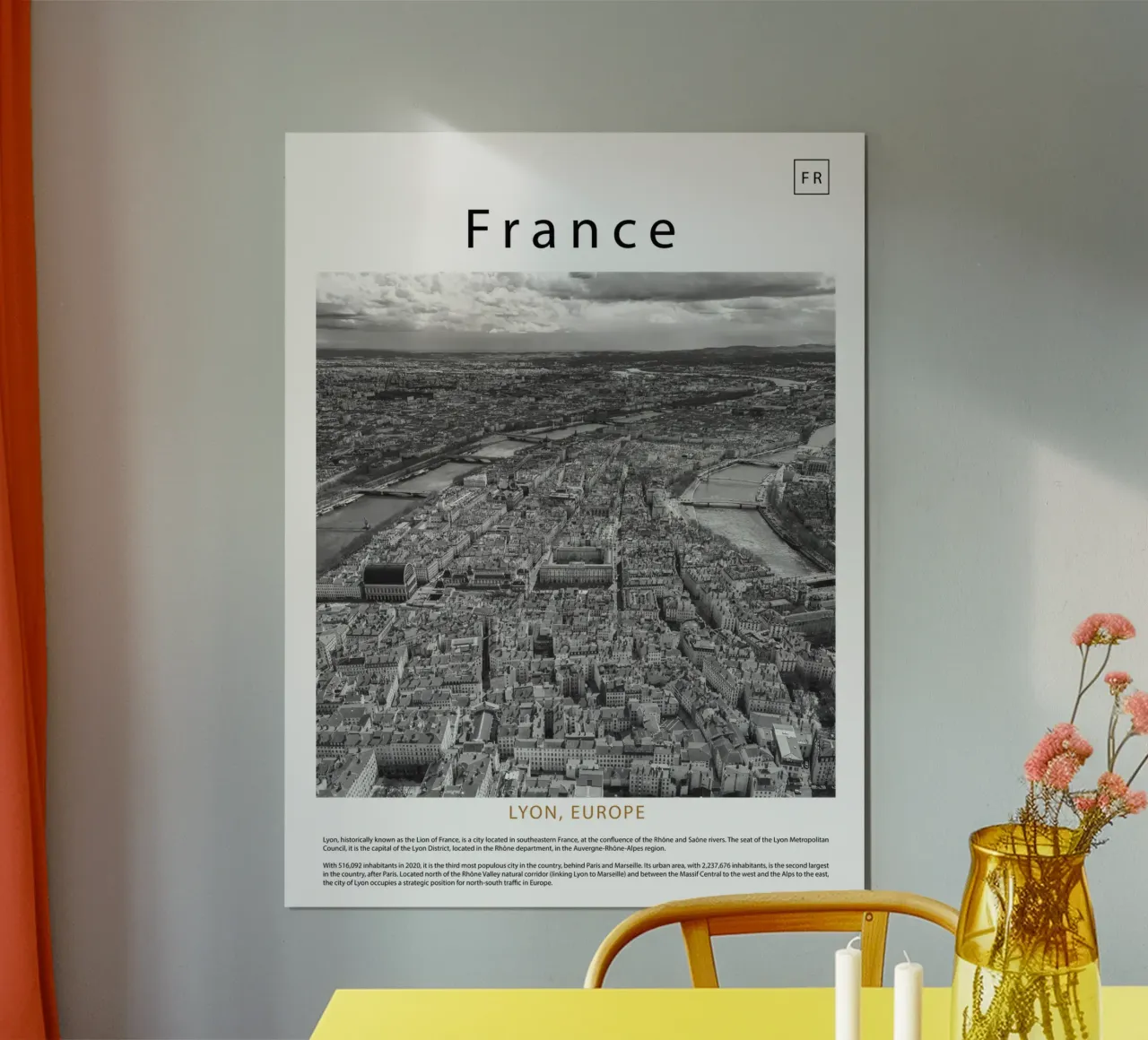 Arte murale da Lione, Francia poster con telaio in plastica da ✈ world in frame