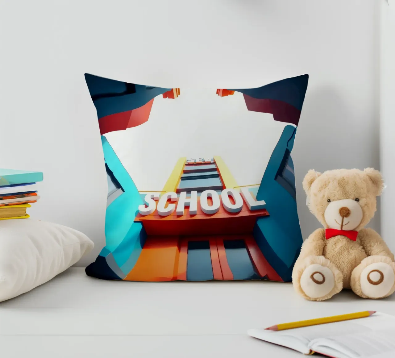 edificio scolastico visto dal basso in una giornata luminosa cuscino da DesignDoodle