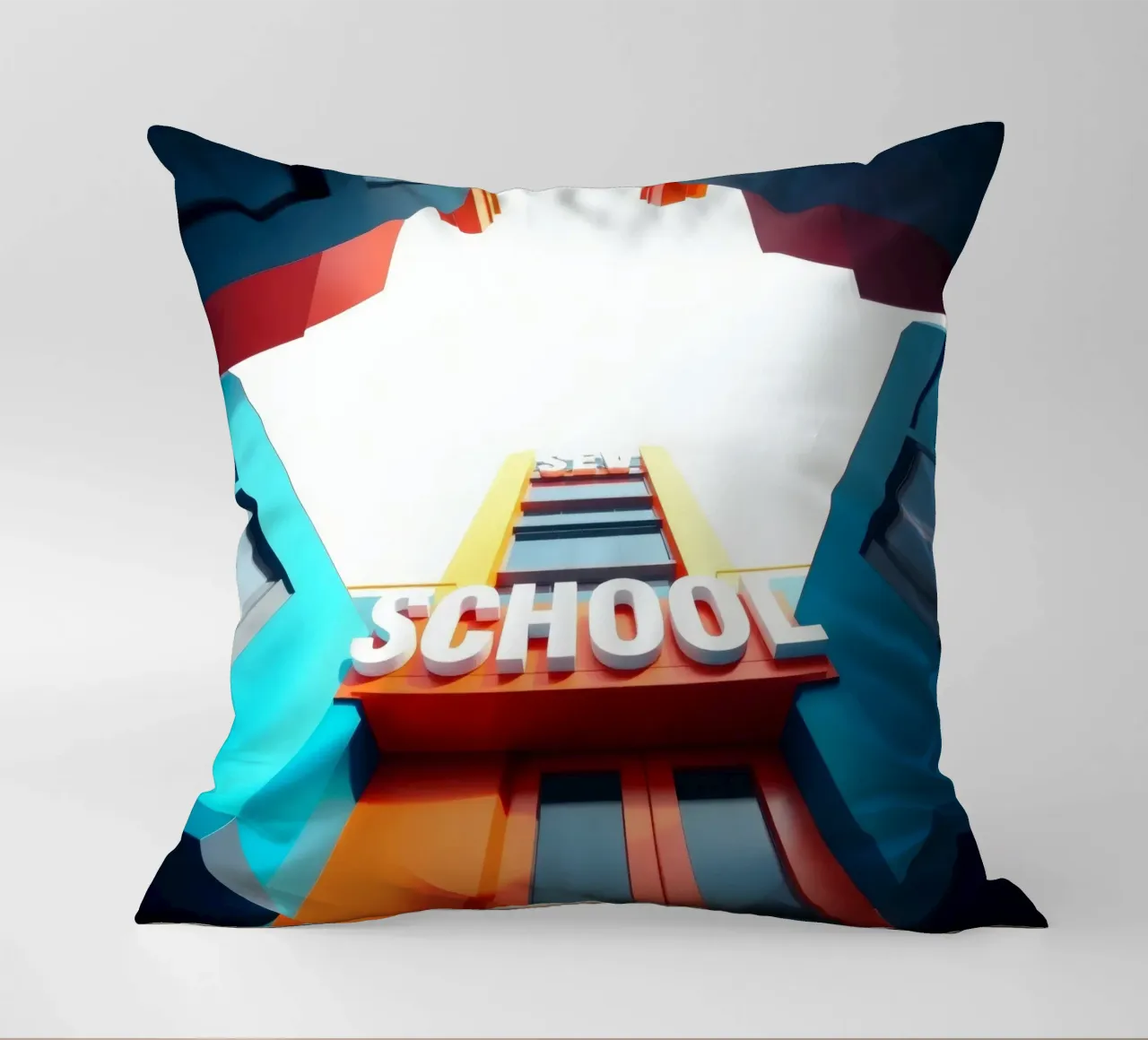 edificio scolastico visto dal basso in una giornata luminosa cuscino da DesignDoodle