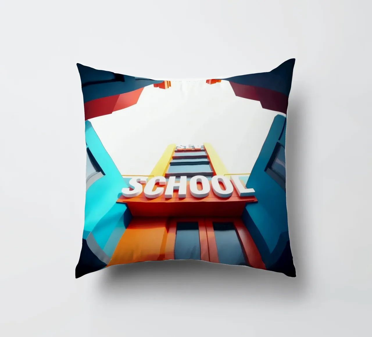 edificio scolastico visto dal basso in una giornata luminosa cuscino da DesignDoodle