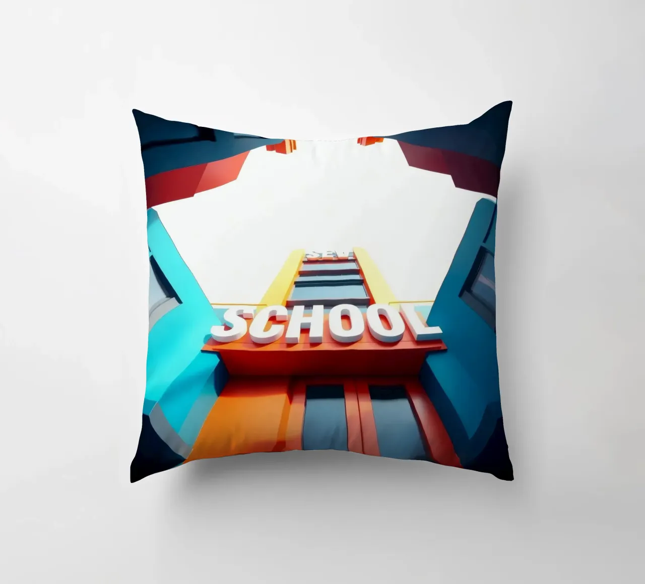 edificio scolastico visto dal basso in una giornata luminosa cuscino da DesignDoodle