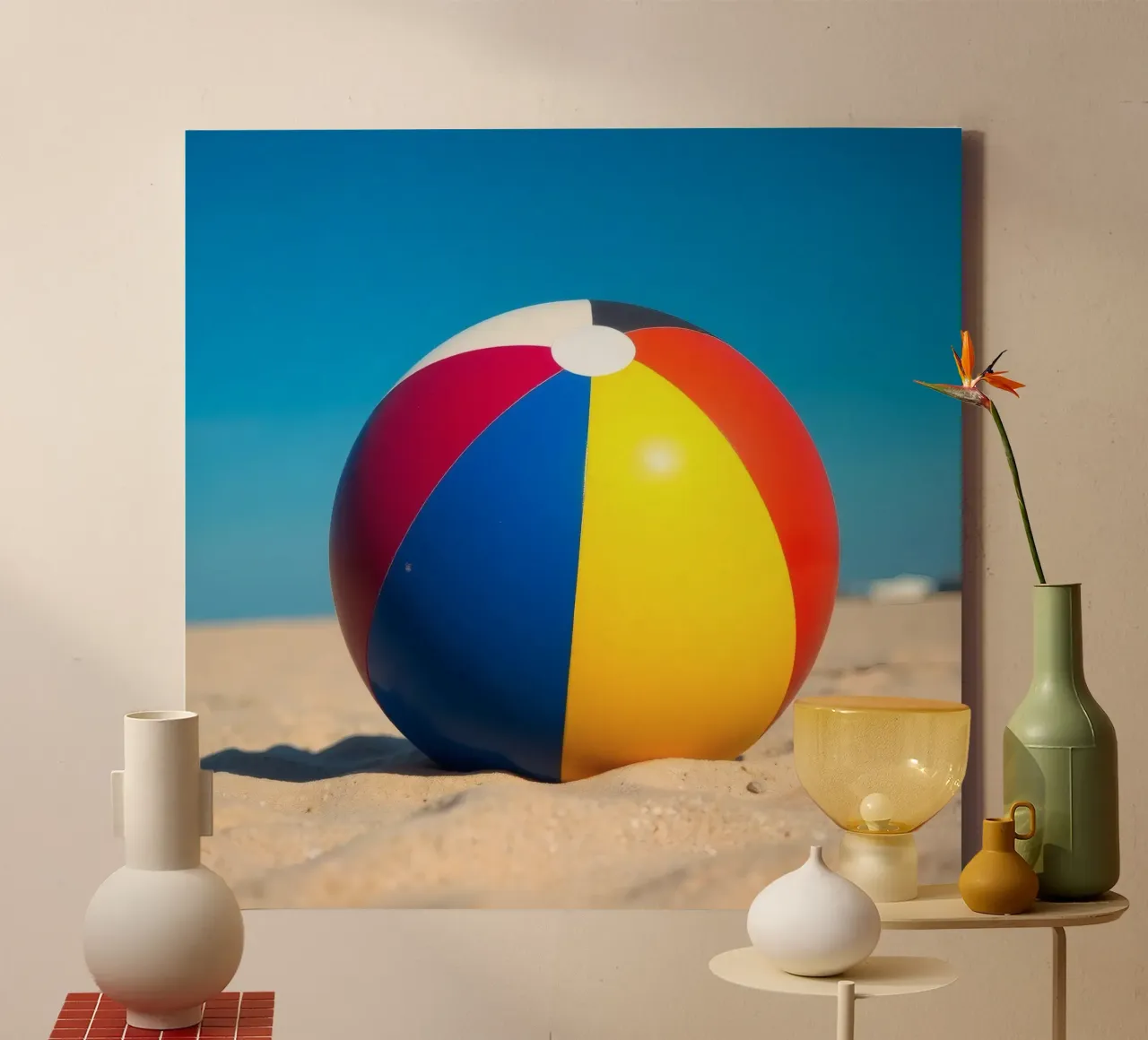 un ballon de plage est posé sur un rivage sablonneux sous un ciel bleu éclatant. toile avec Caisse américaine de DesignDoodle