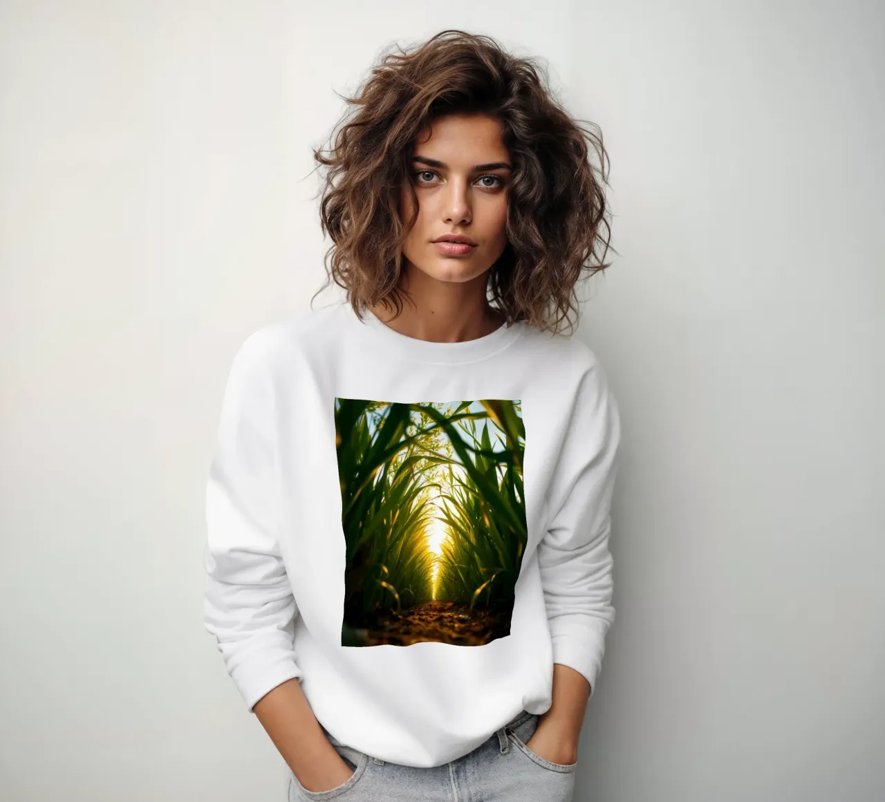Sunlight filters through tall grass in a calm field sweatshirt by DesignDoodle