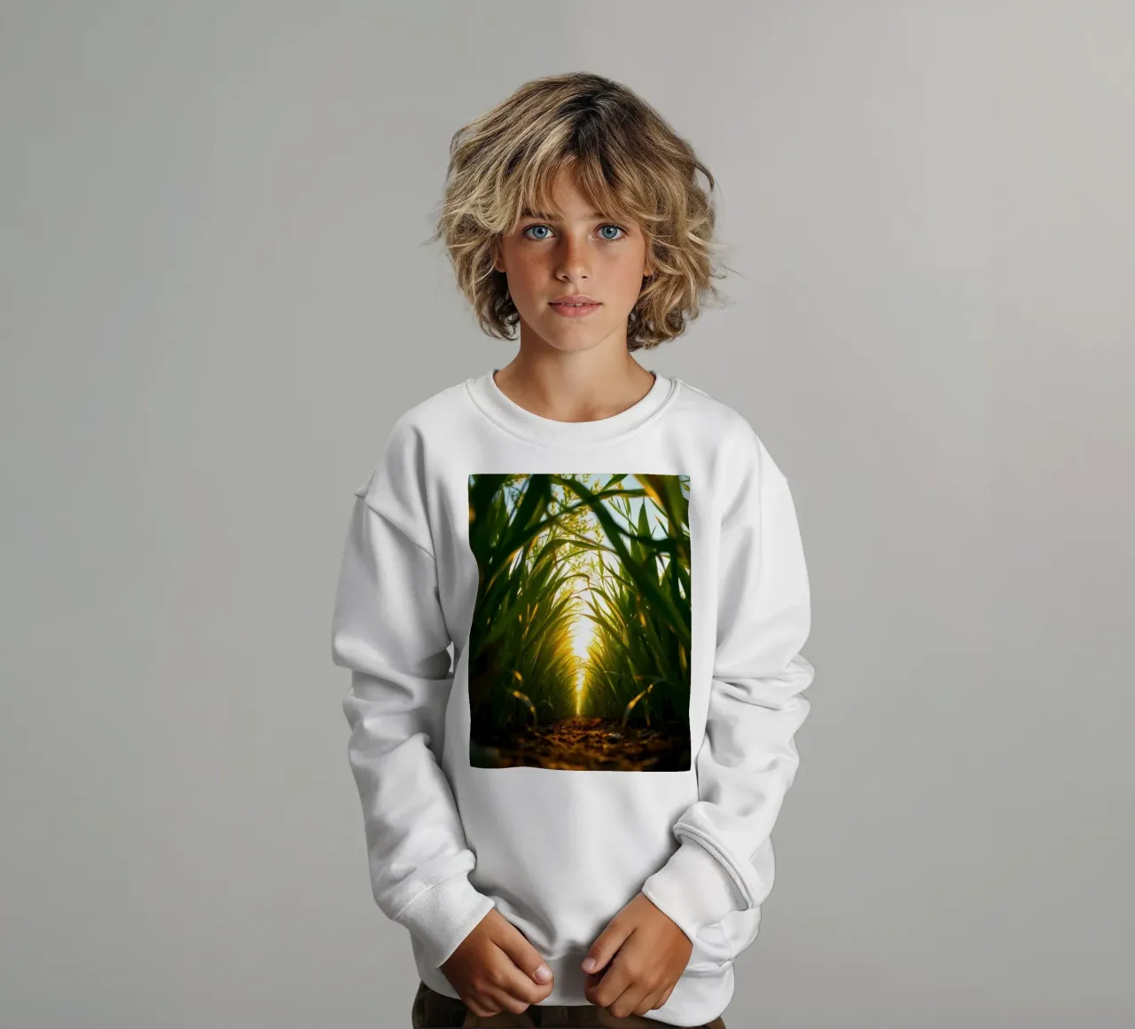Sunlight filters through tall grass in a calm field kids sweatshirt by DesignDoodle