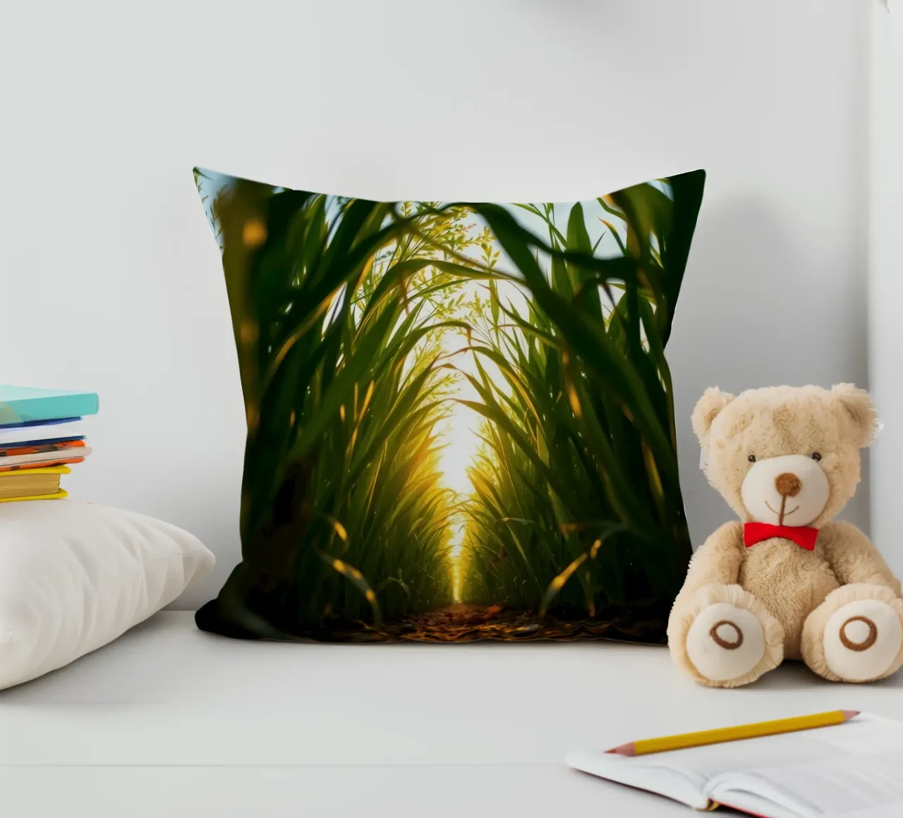 La luce del sole filtra attraverso l'erba alta in un campo tranquillo cuscino da DesignDoodle