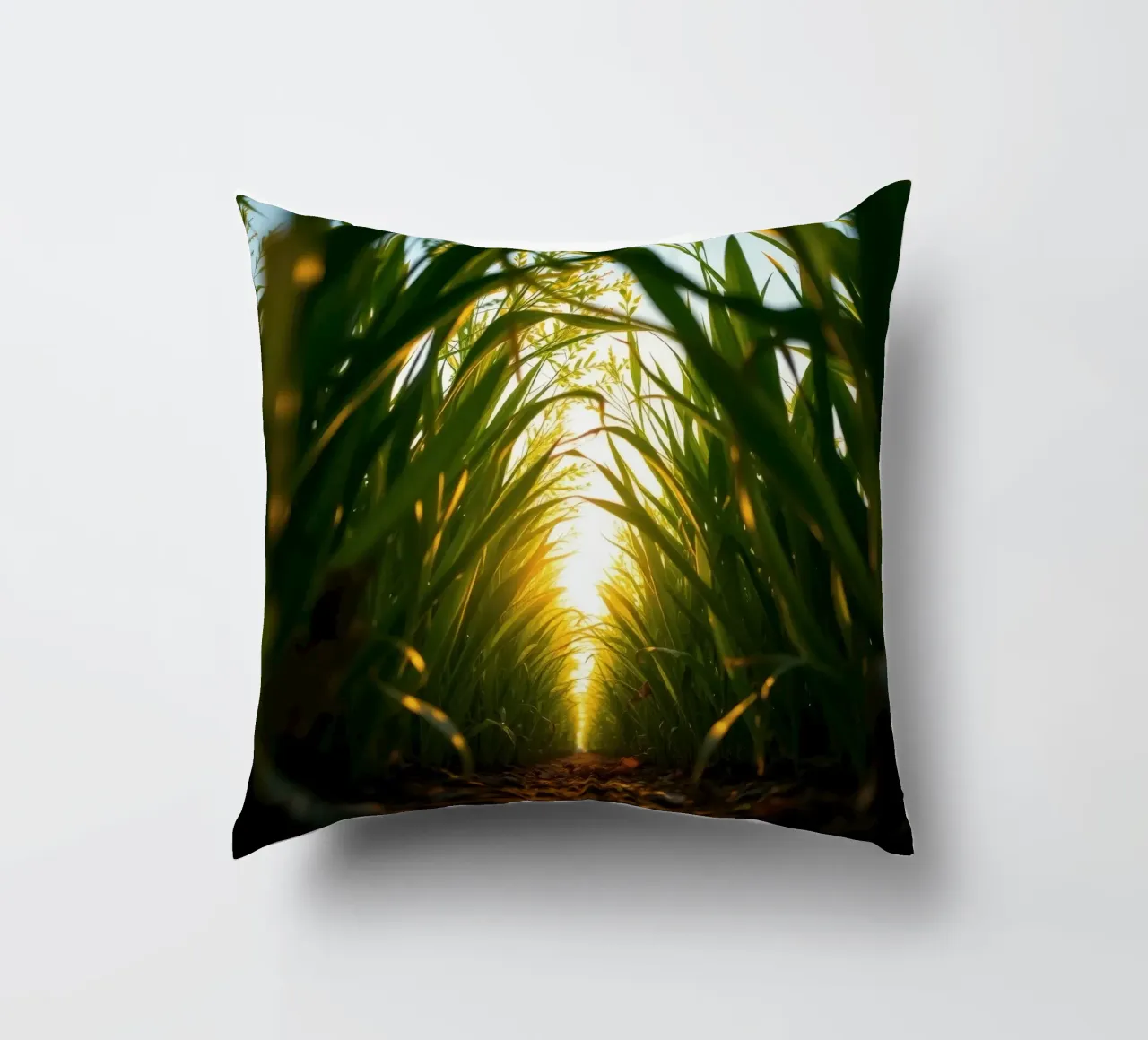 La luce del sole filtra attraverso l'erba alta in un campo tranquillo cuscino da DesignDoodle