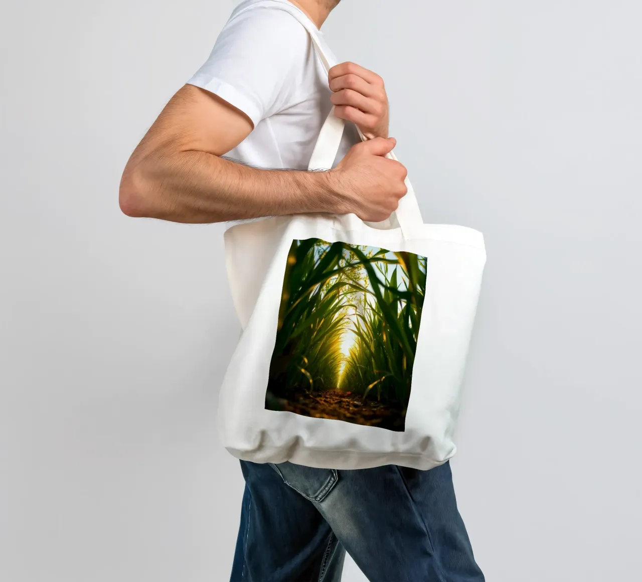 Sunlight filters through tall grass in a calm field tote bag by DesignDoodle