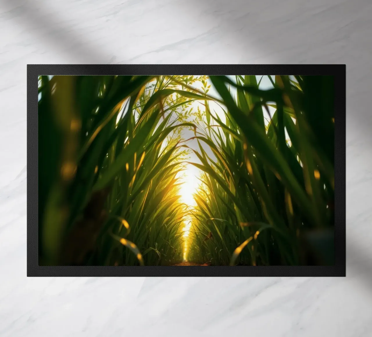 Sunlight filters through tall grass in a calm field doormat by DesignDoodle