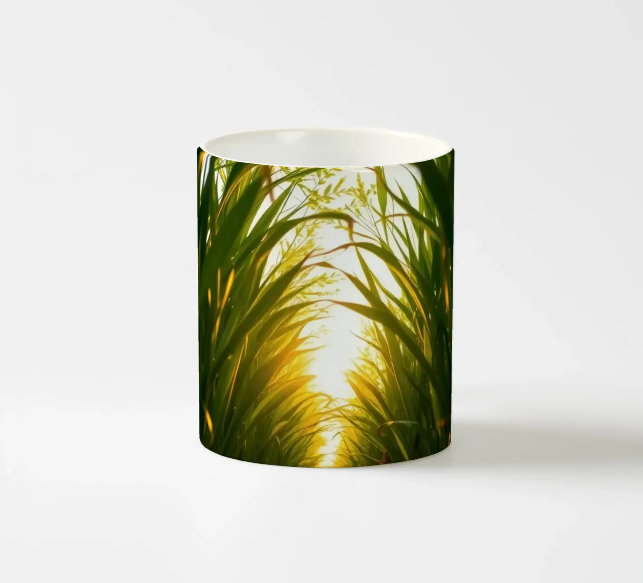 Sunlight filters through tall grass in a calm field ceramic mug by DesignDoodle