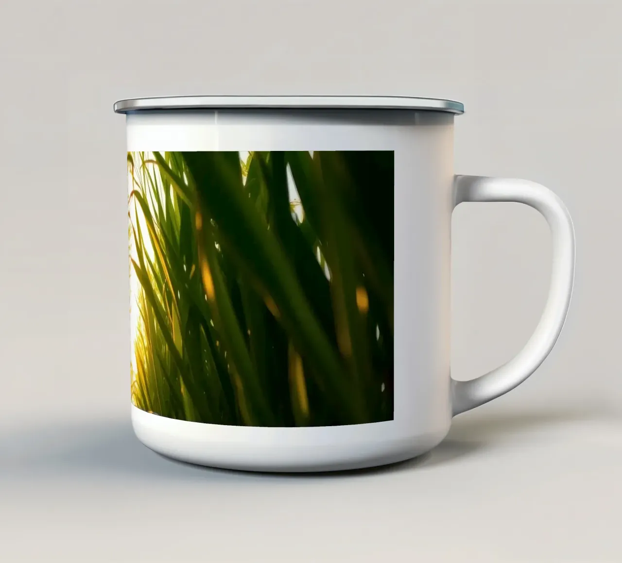 Sunlight filters through tall grass in a calm field enamel mug by DesignDoodle