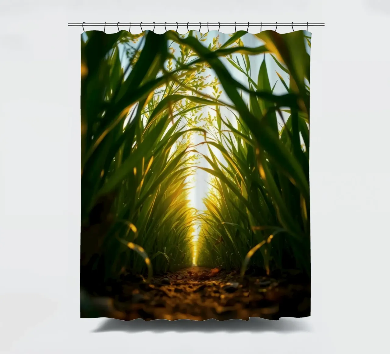 Sunlight filters through tall grass in a calm field shower curtain by DesignDoodle