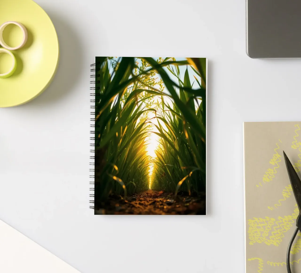 Sunlight filters through tall grass in a calm field spiral notebook by DesignDoodle