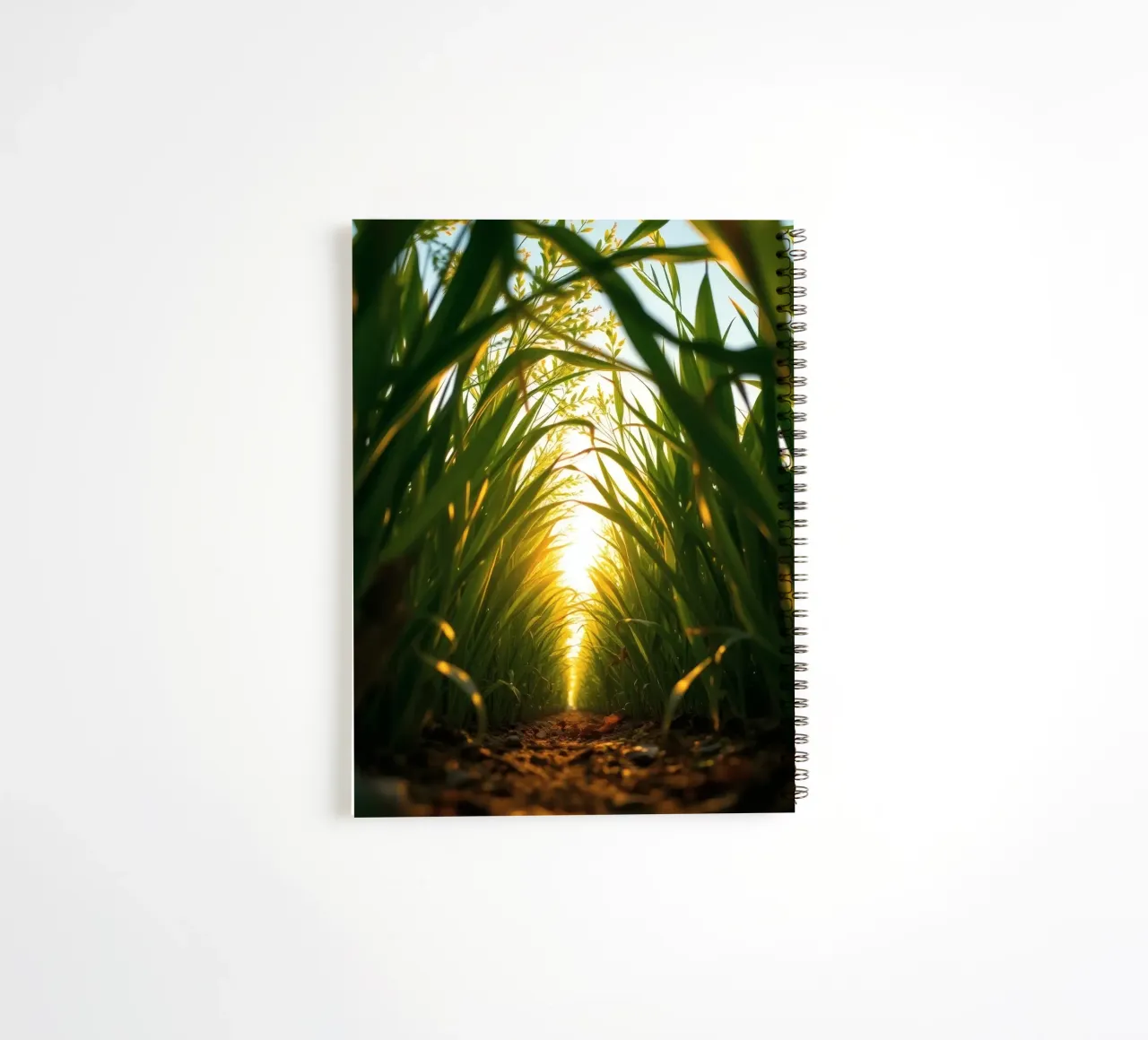 Sunlight filters through tall grass in a calm field spiral notebook by DesignDoodle