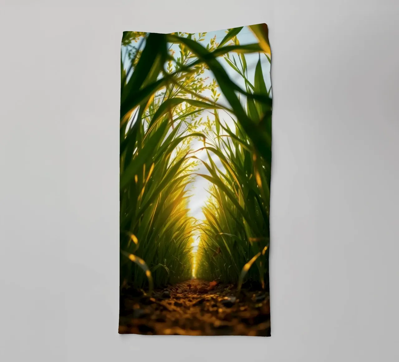 Sunlight filters through tall grass in a calm field towel by DesignDoodle