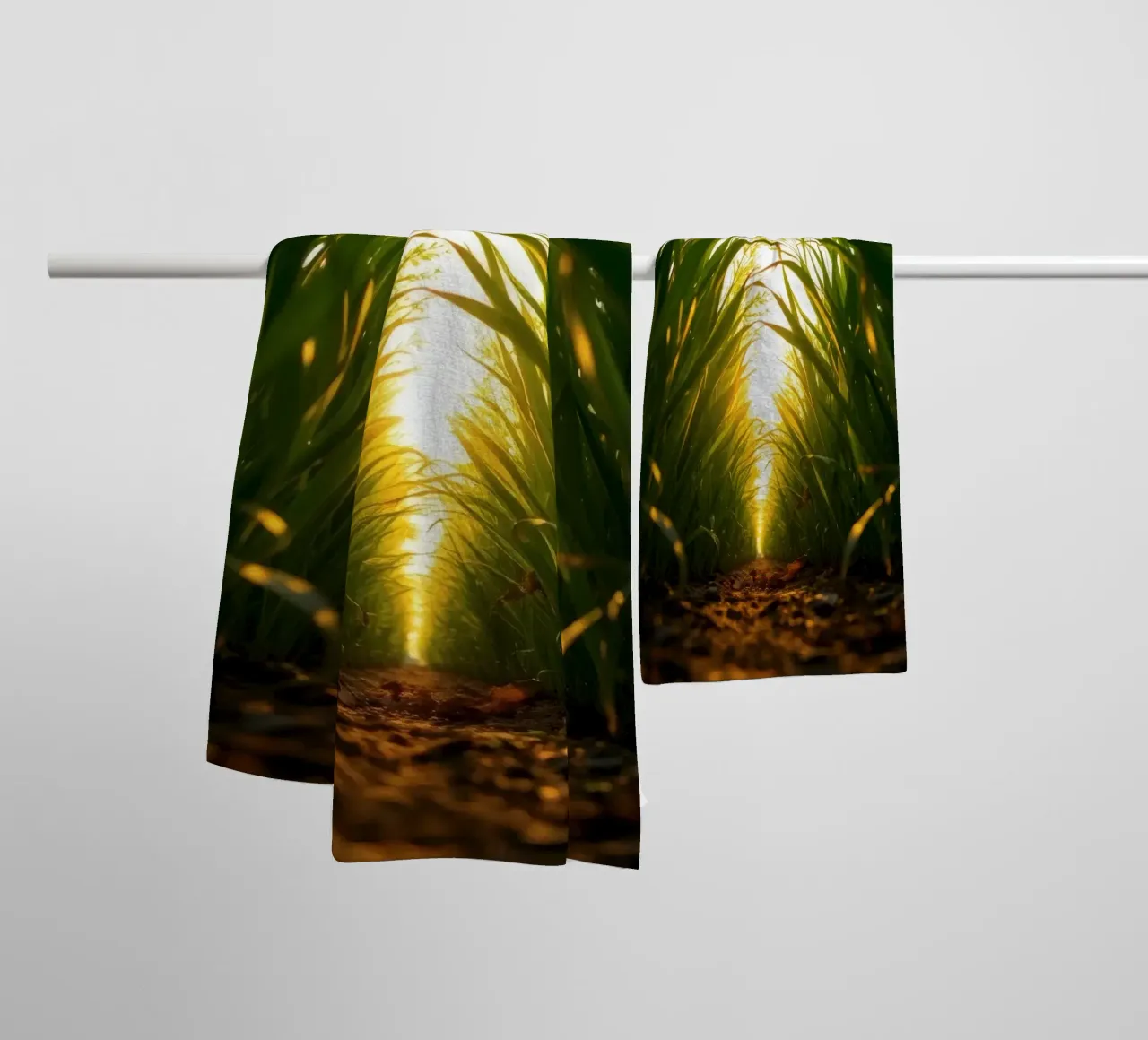 Sunlight filters through tall grass in a calm field towel by DesignDoodle