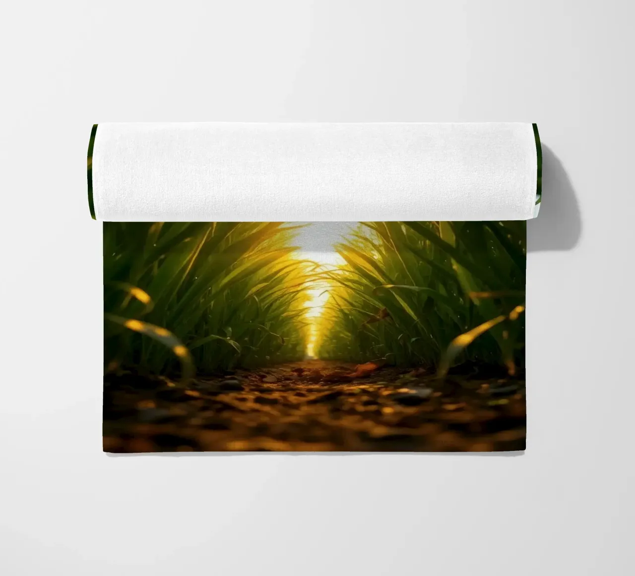 Sunlight filters through tall grass in a calm field beach towel by DesignDoodle