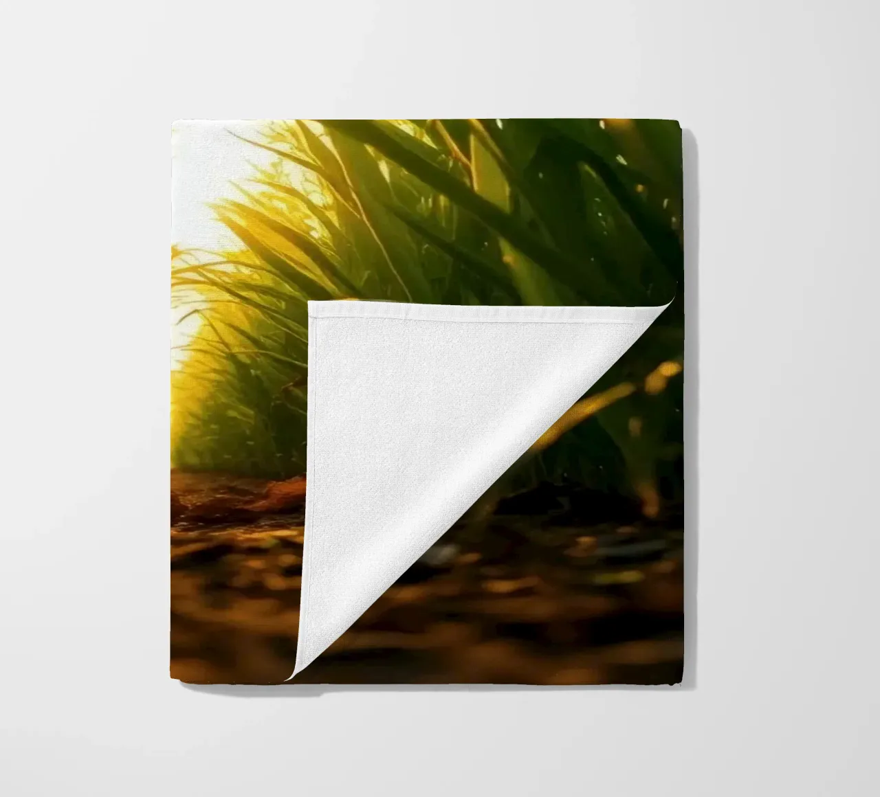 Sunlight filters through tall grass in a calm field beach towel by DesignDoodle