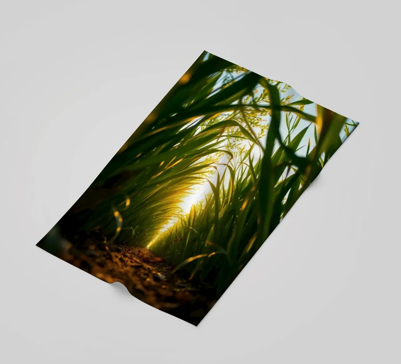 Sunlight filters through tall grass in a calm field beach towel by DesignDoodle
