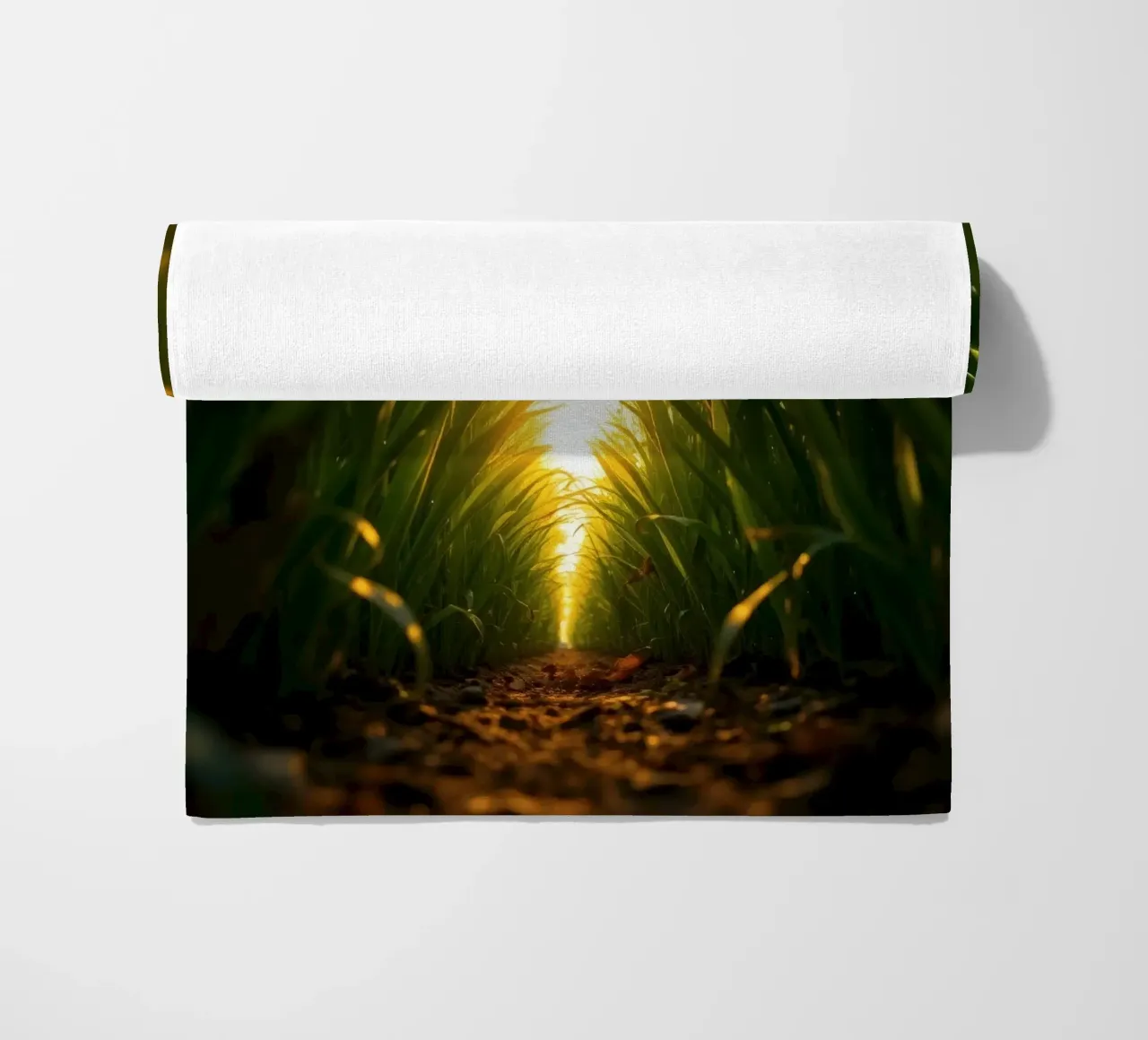 Sunlight filters through tall grass in a calm field beach towel by DesignDoodle