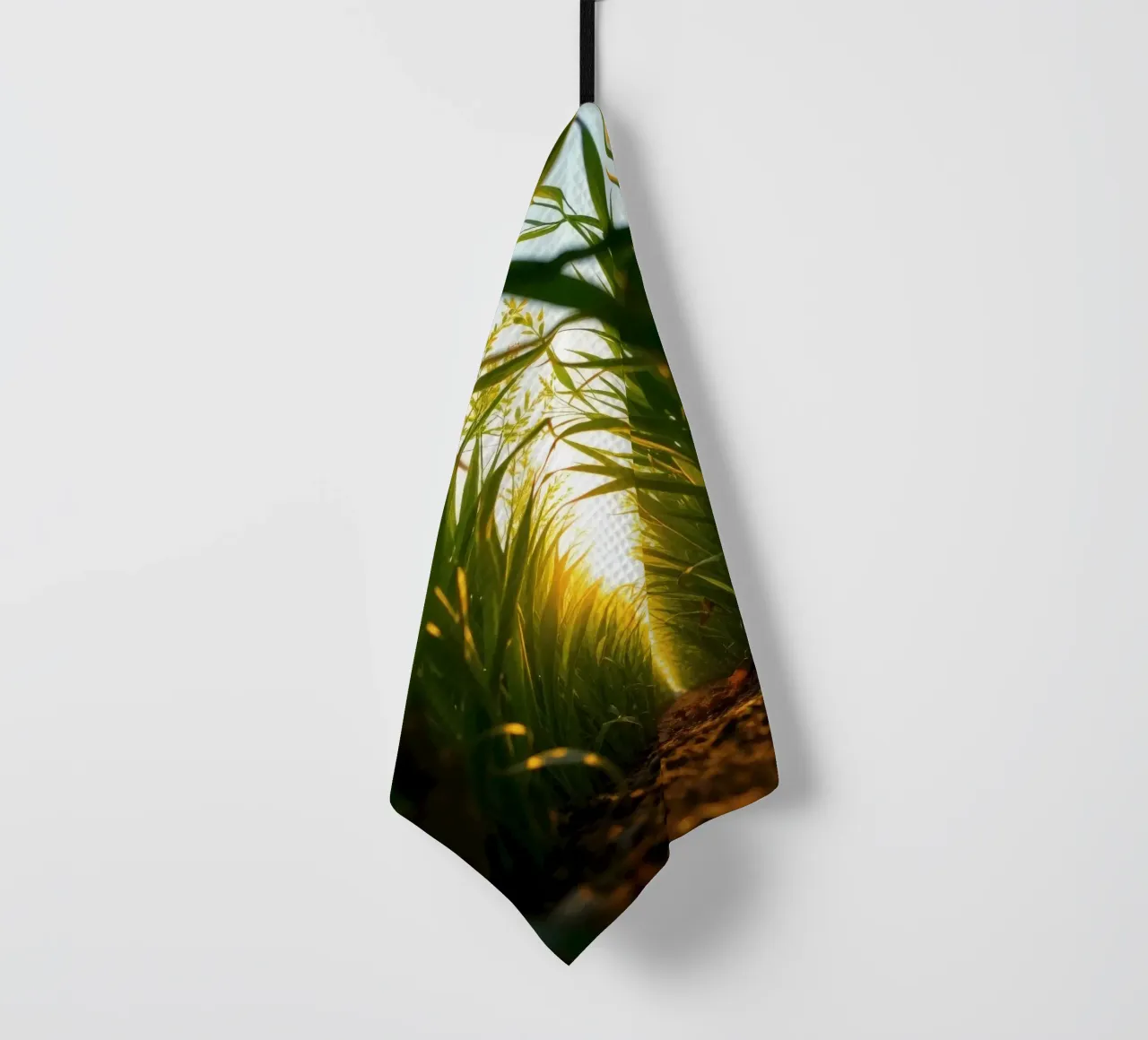Sunlight filters through tall grass in a calm field tea towel by DesignDoodle