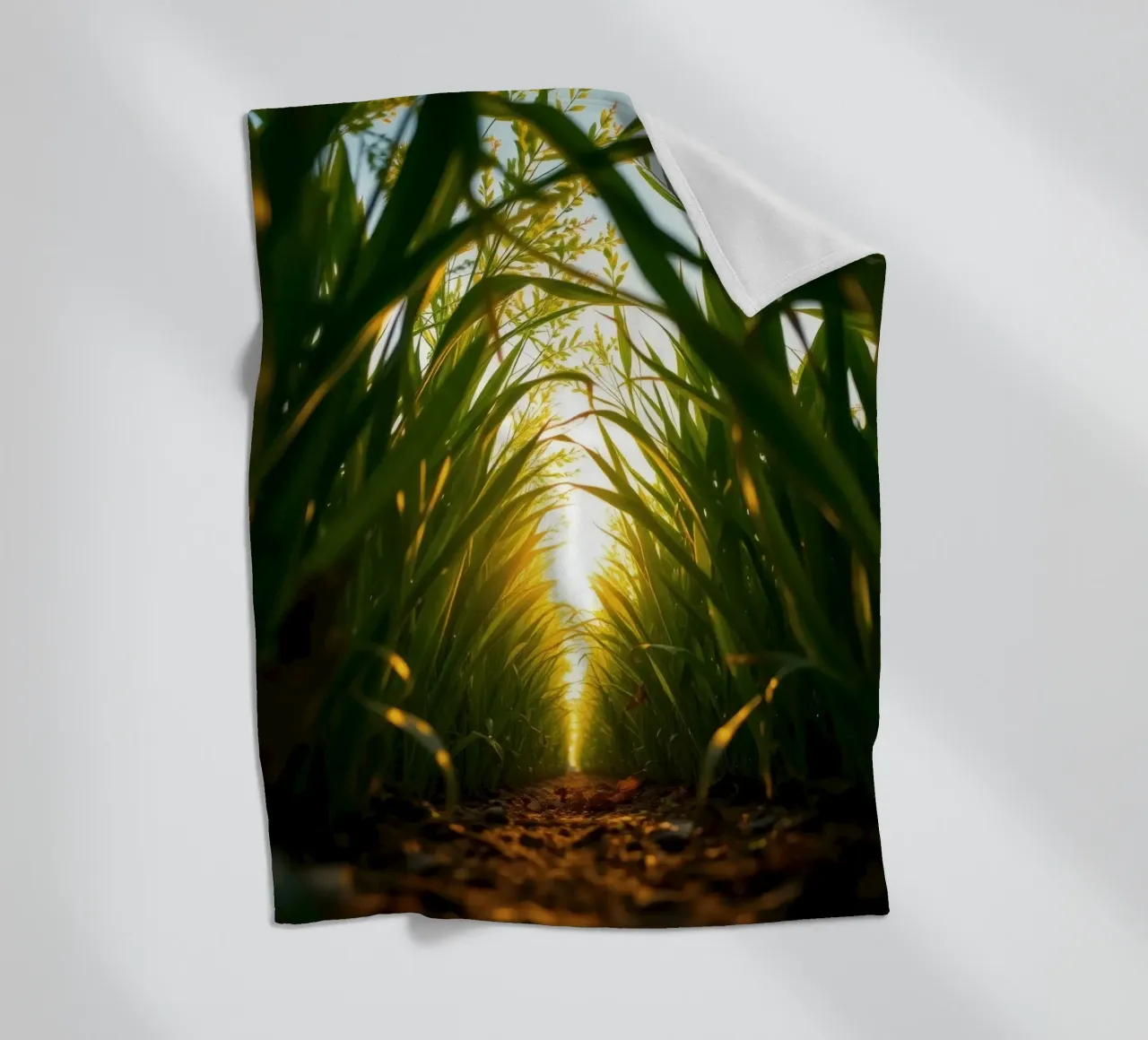 Sunlight filters through tall grass in a calm field fleece blanket by DesignDoodle