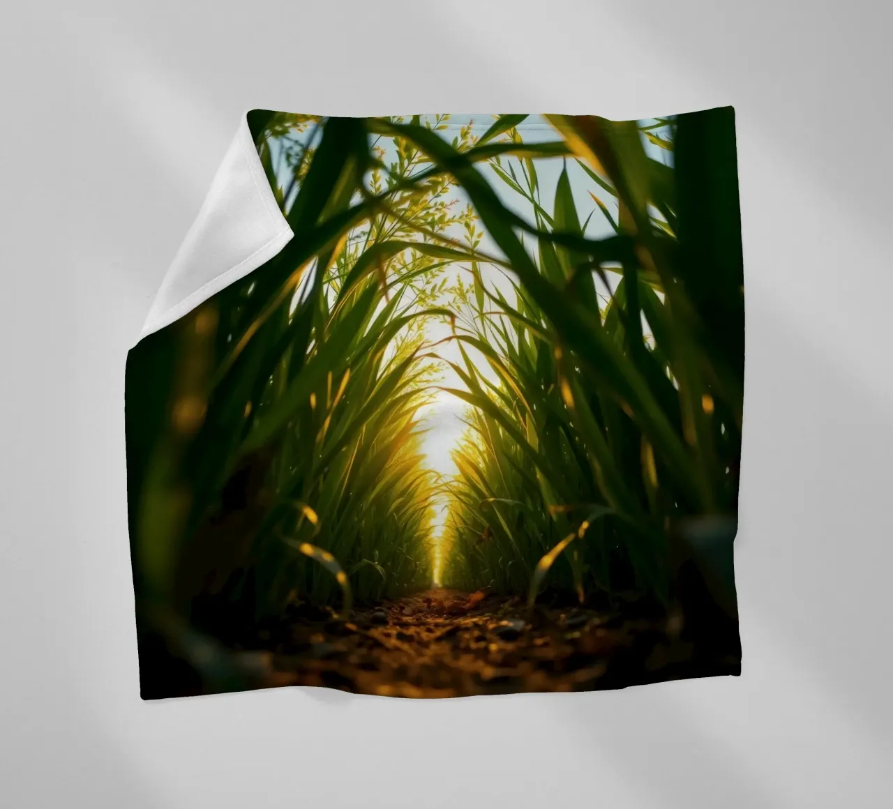 Sunlight filters through tall grass in a calm field fleece blanket by DesignDoodle