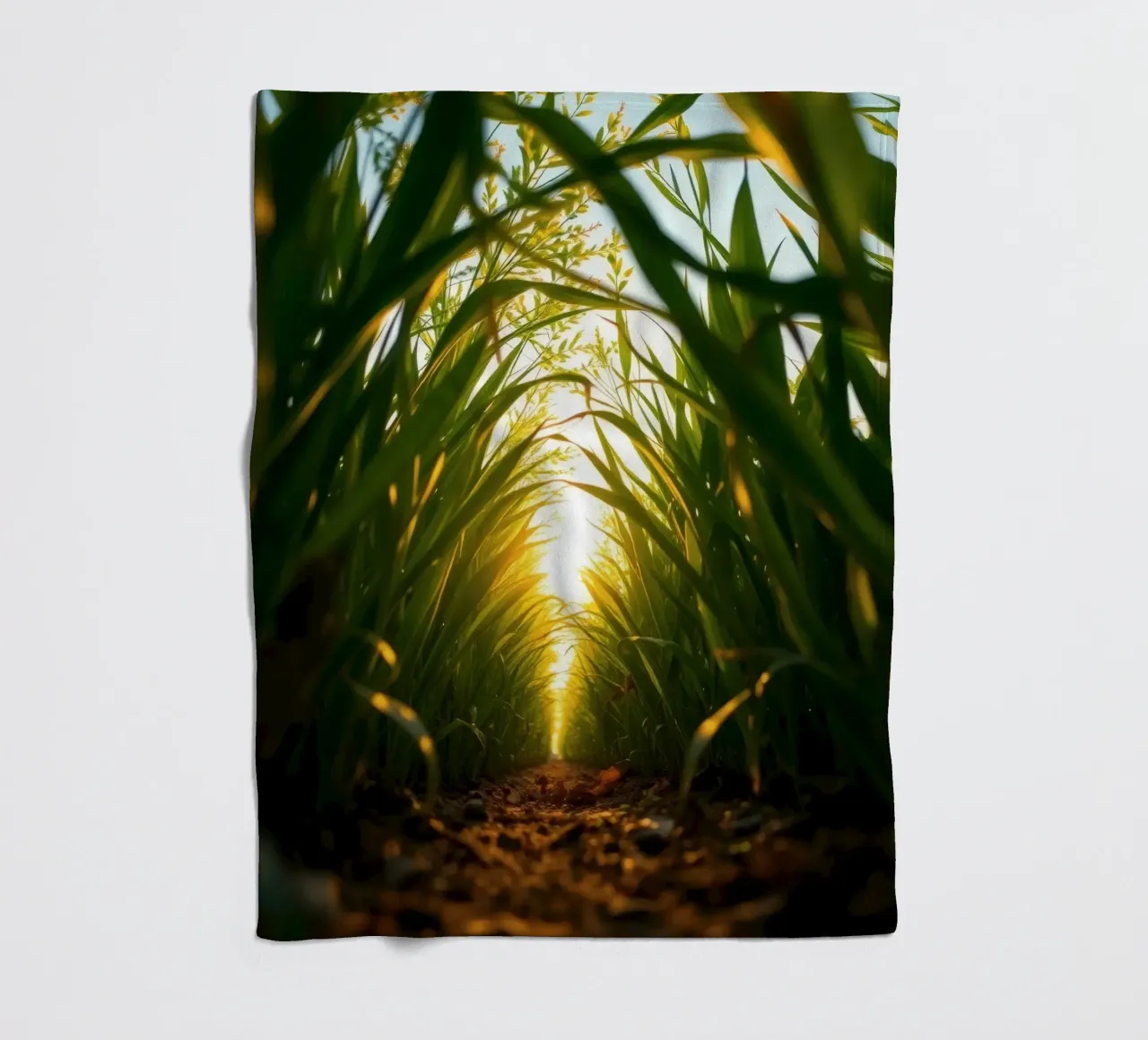 Sunlight filters through tall grass in a calm field fleece blanket by DesignDoodle