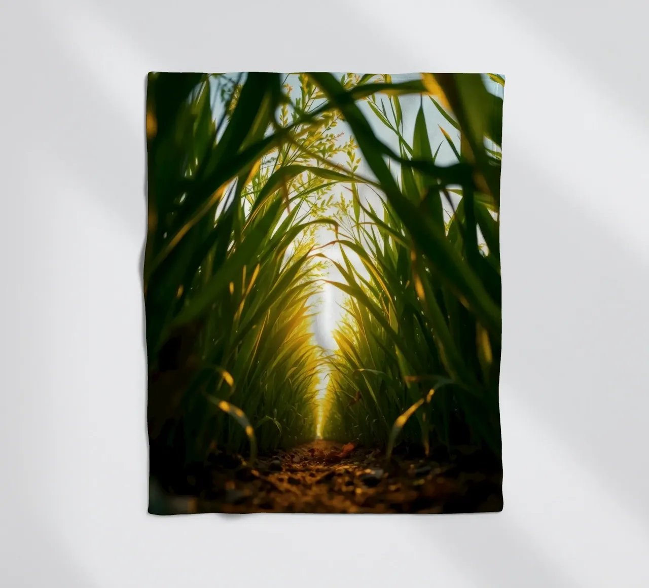 Sunlight filters through tall grass in a calm field fleece blanket by DesignDoodle
