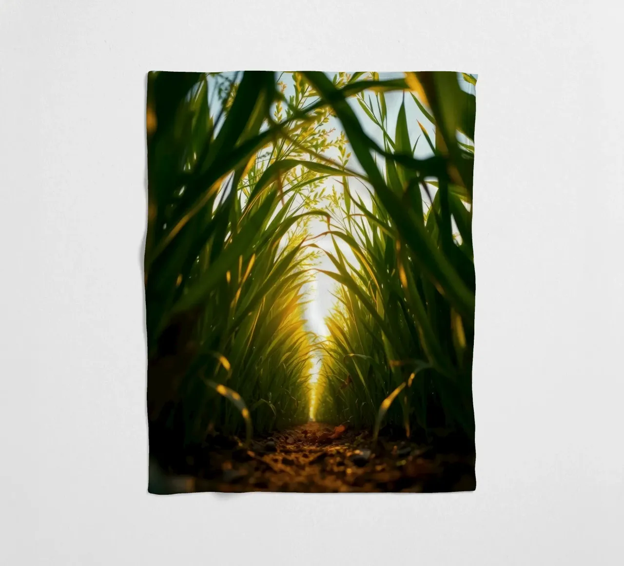 Sunlight filters through tall grass in a calm field fleece blanket by DesignDoodle