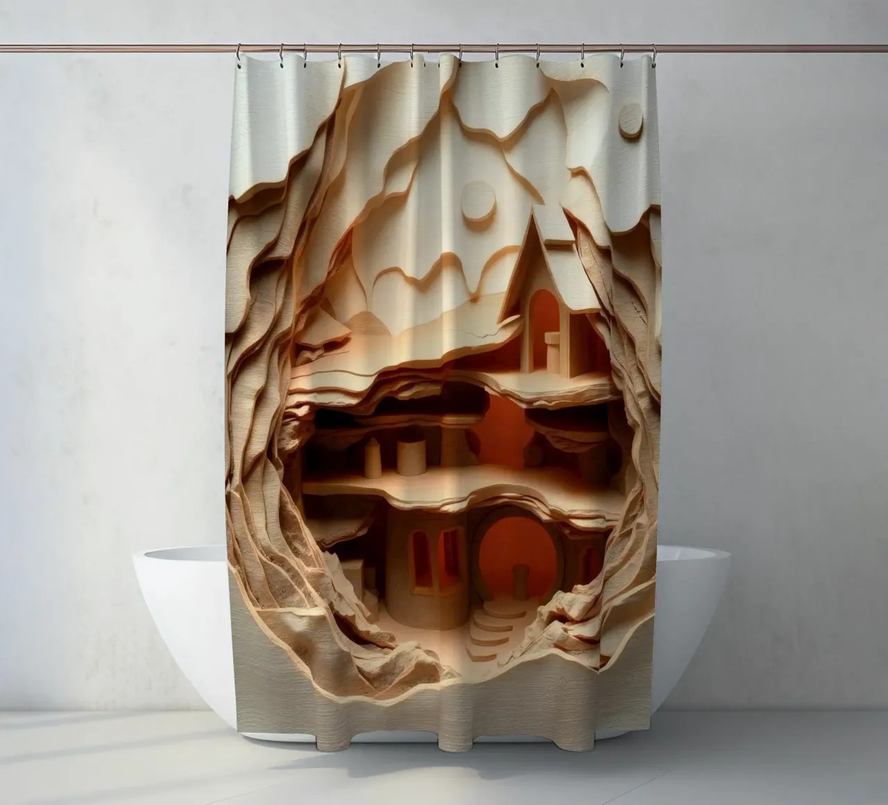 Un'arte di carta intricata che mette in mostra una struttura di legno a strati tenda da doccia da DesignDoodle