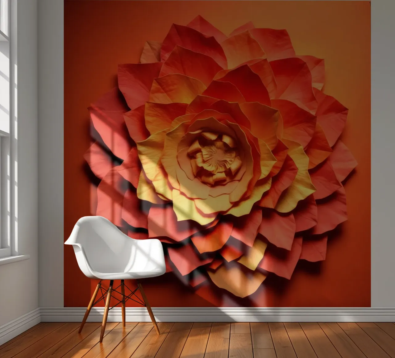 Magnifique fleur en papier fabriquée à la main, d'un orange vibrant papier peint photo de DesignDoodle