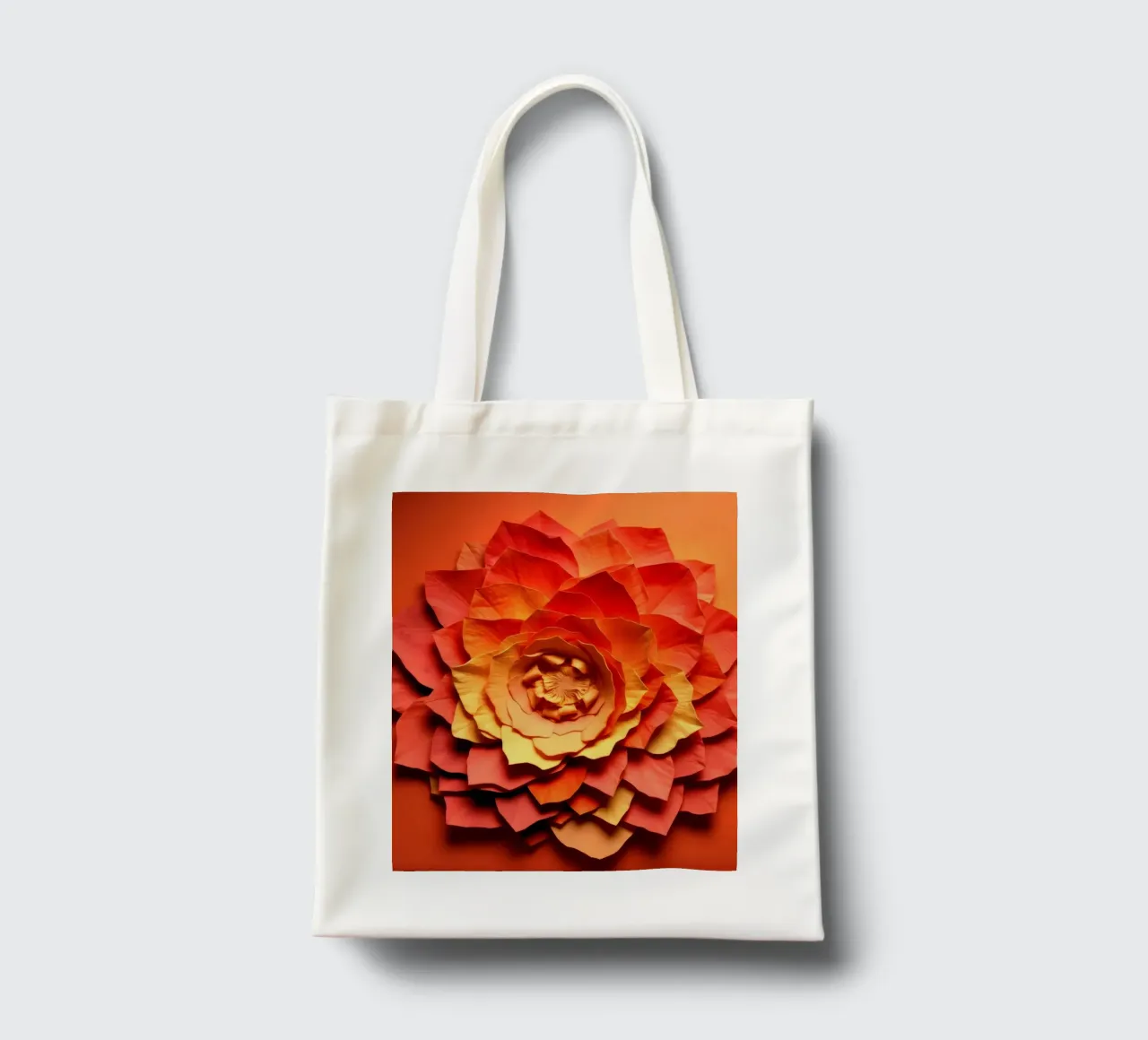 Bellissimo disegno di fiori di carta realizzati a mano in un vivace colore arancione borsa in juta da DesignDoodle