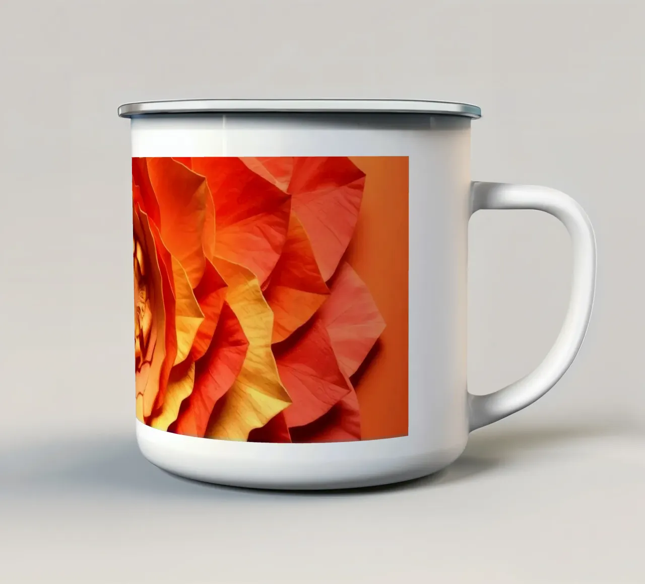Bellissimo disegno di fiori di carta realizzati a mano in un vivace colore arancione tazza in smalto da DesignDoodle