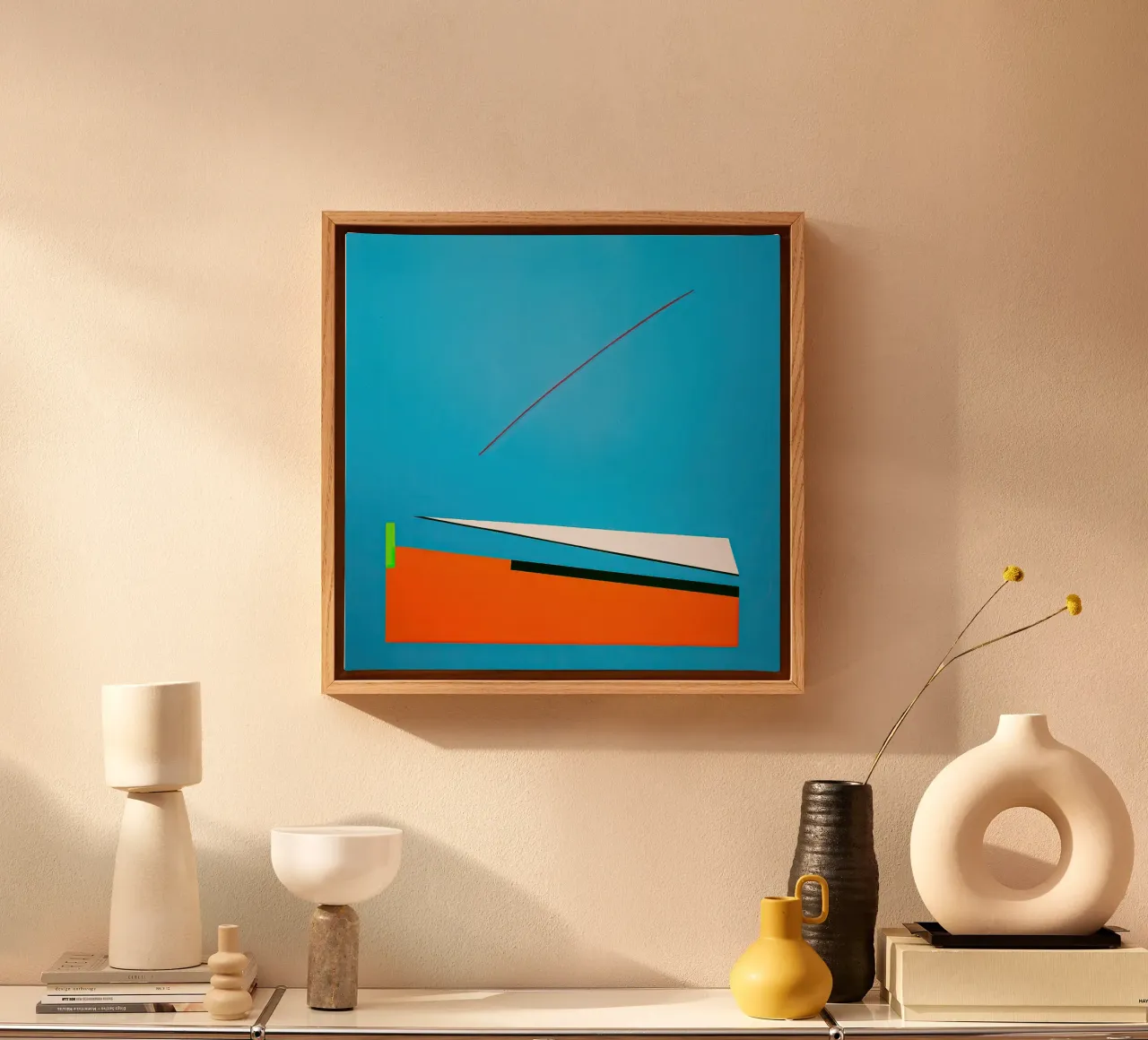 Red Line on Blue – Geometric Abstract Composition canvas with Floater frame by Artbyvo