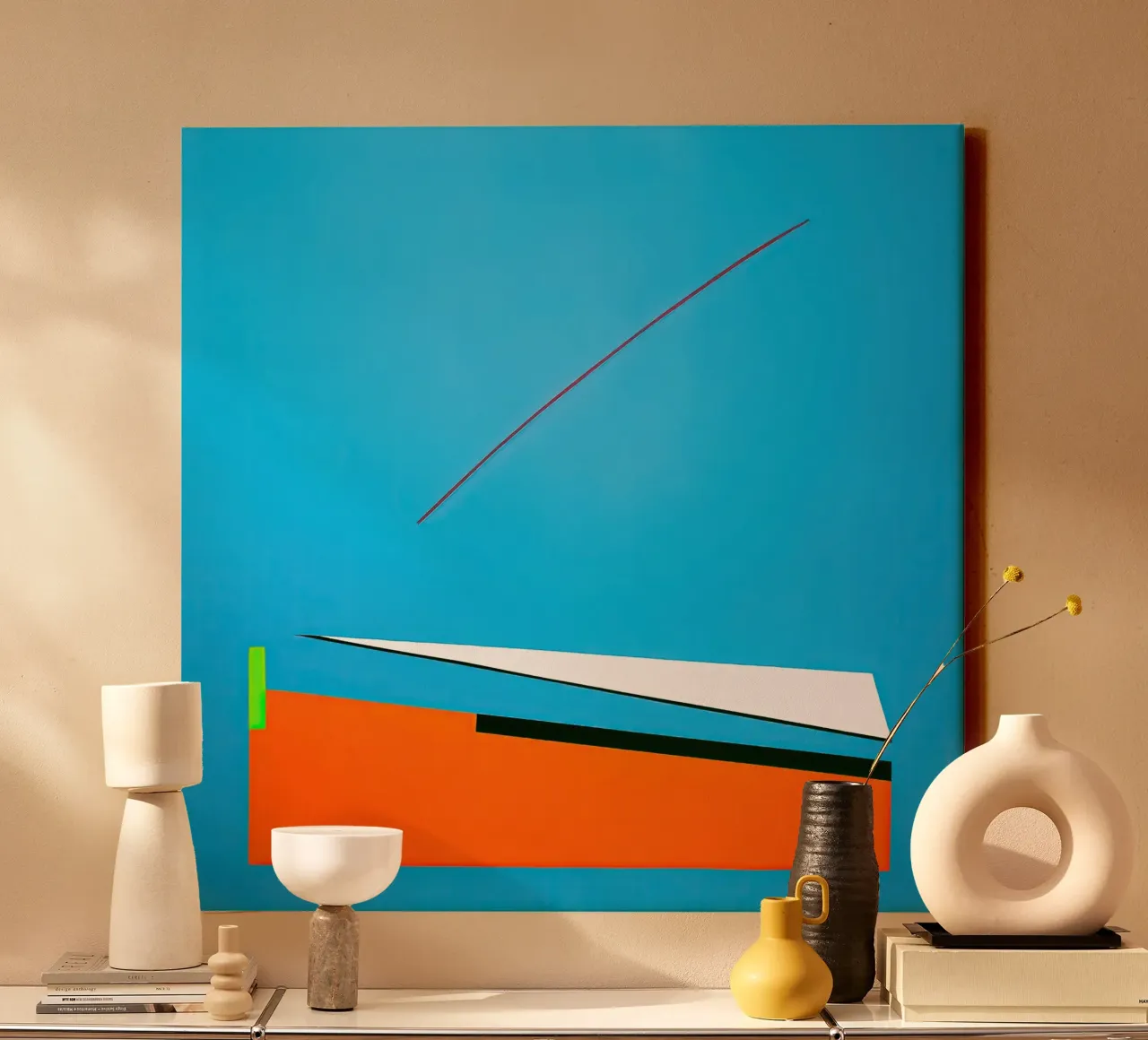 Red Line on Blue – Geometric Abstract Composition canvas with Floater frame by Artbyvo