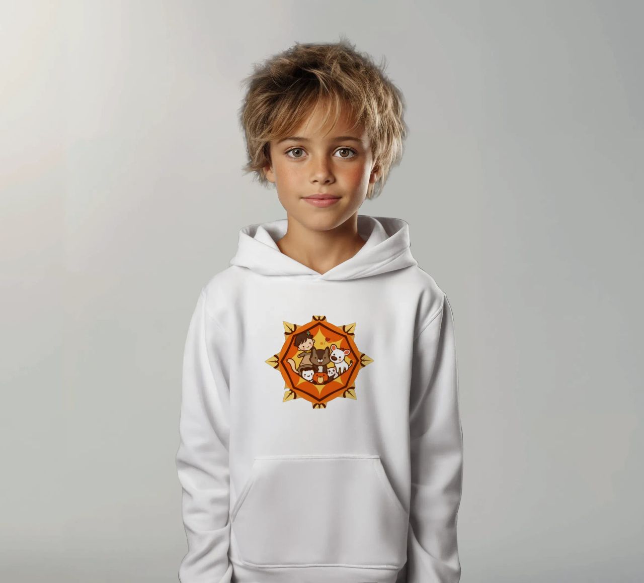 Bambini che giocano allegramente con una varietà di simpatici animali felpa bambino con cappuccio da DesignDoodle