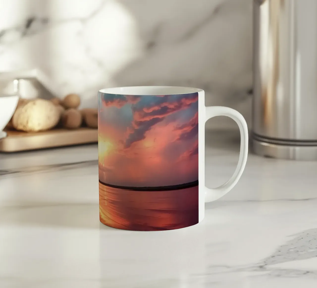 Tramonto mozzafiato con colori vivaci e lampi di luce tazza in ceramica da DesignDoodle