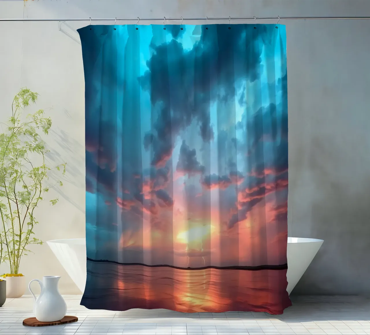 Tramonto mozzafiato con colori vivaci e lampi di luce tenda da doccia da DesignDoodle