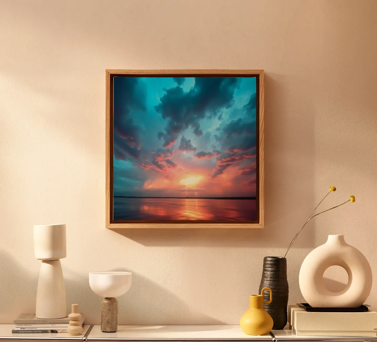 Tramonto mozzafiato con colori vivaci e lampi di luce tela con Cornice a cassetta da DesignDoodle