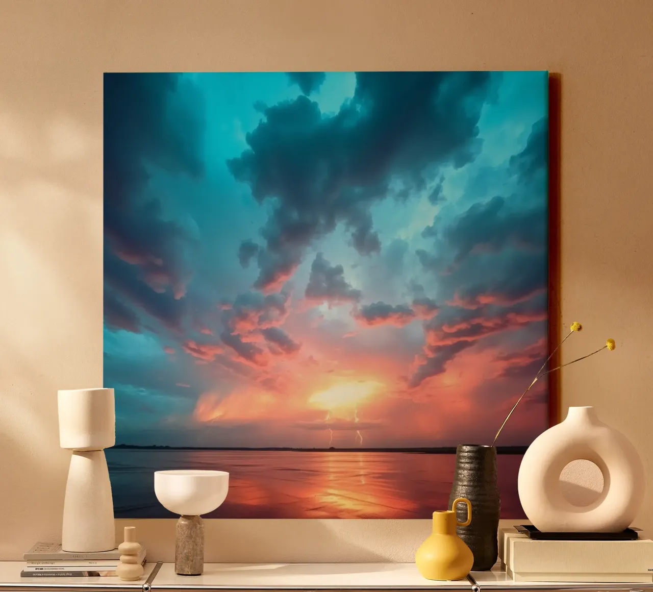Tramonto mozzafiato con colori vivaci e lampi di luce tela con Cornice a cassetta da DesignDoodle