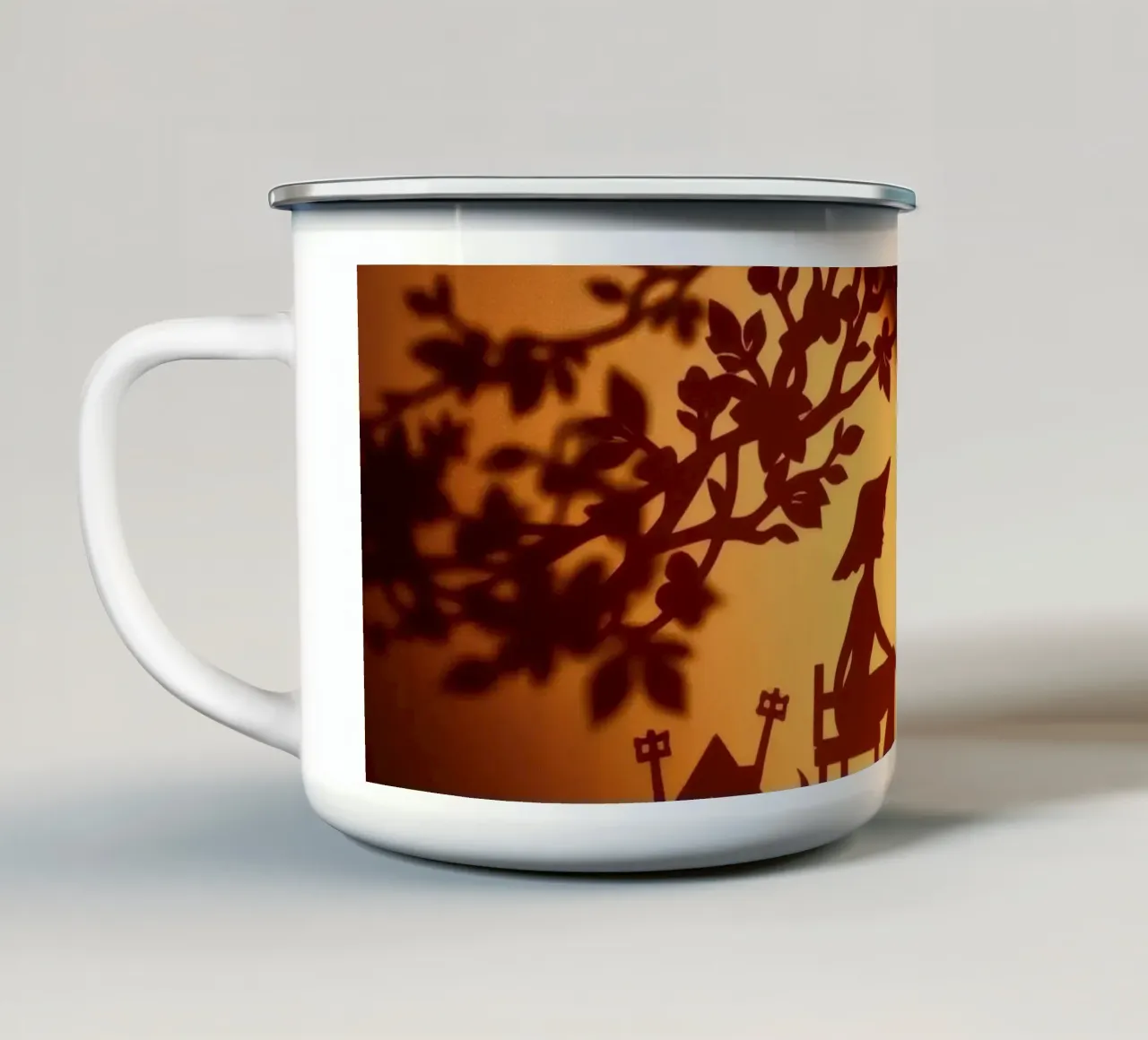 Art de l'ombre complexe représentant une femme paisible assise mug en émail de DesignDoodle