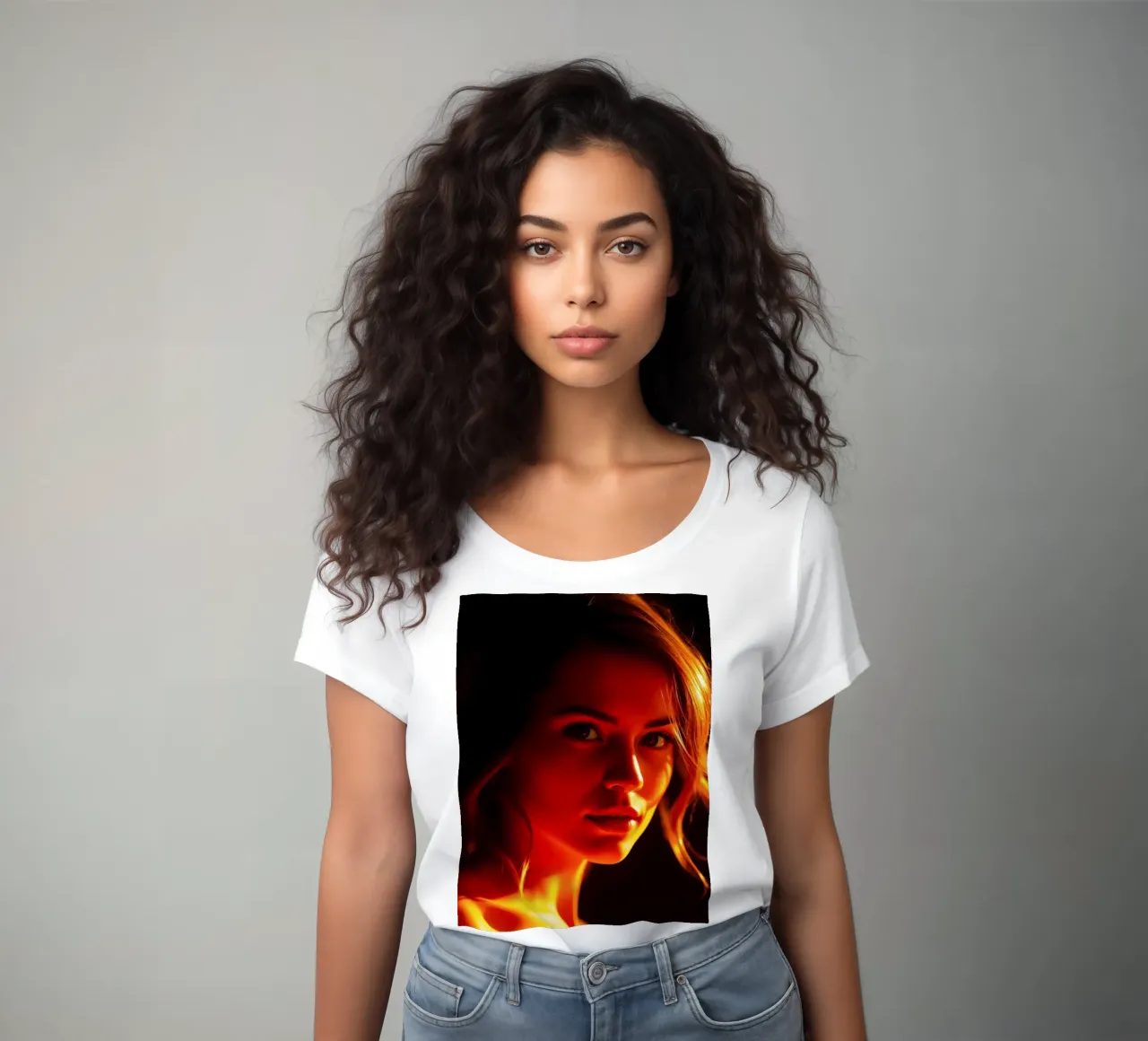 a woman with warm lighting showcasing her expressive feature women's fitted t-shirt by DesignDoodle