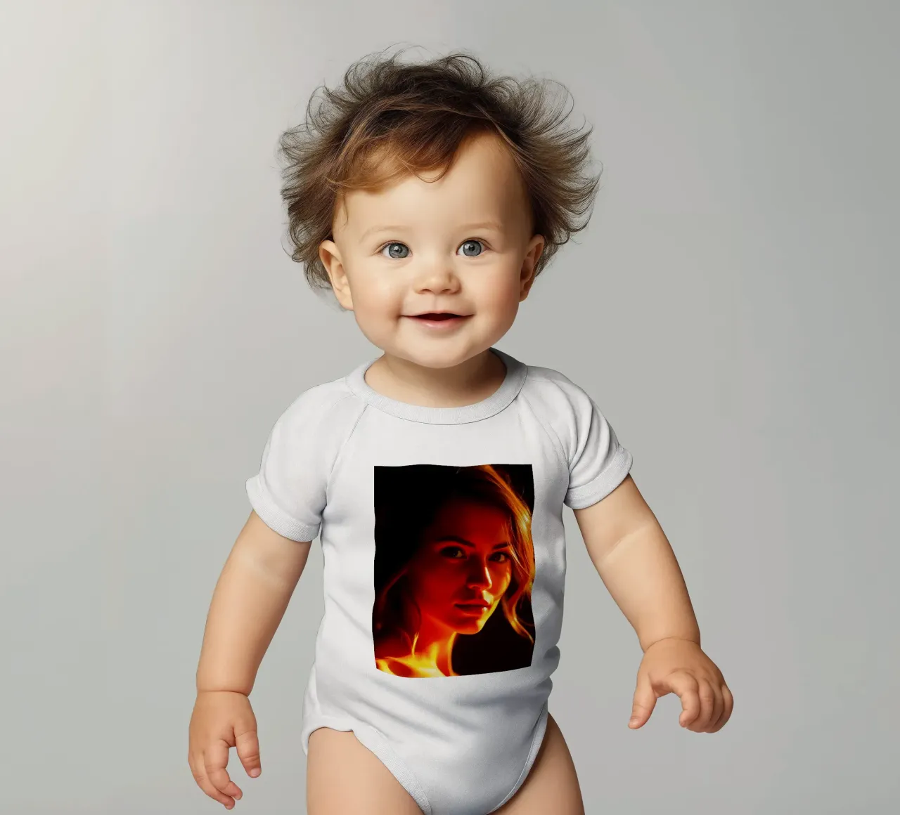 une femme avec un éclairage chaud mettant en valeur ses traits expressifs body bébé de DesignDoodle