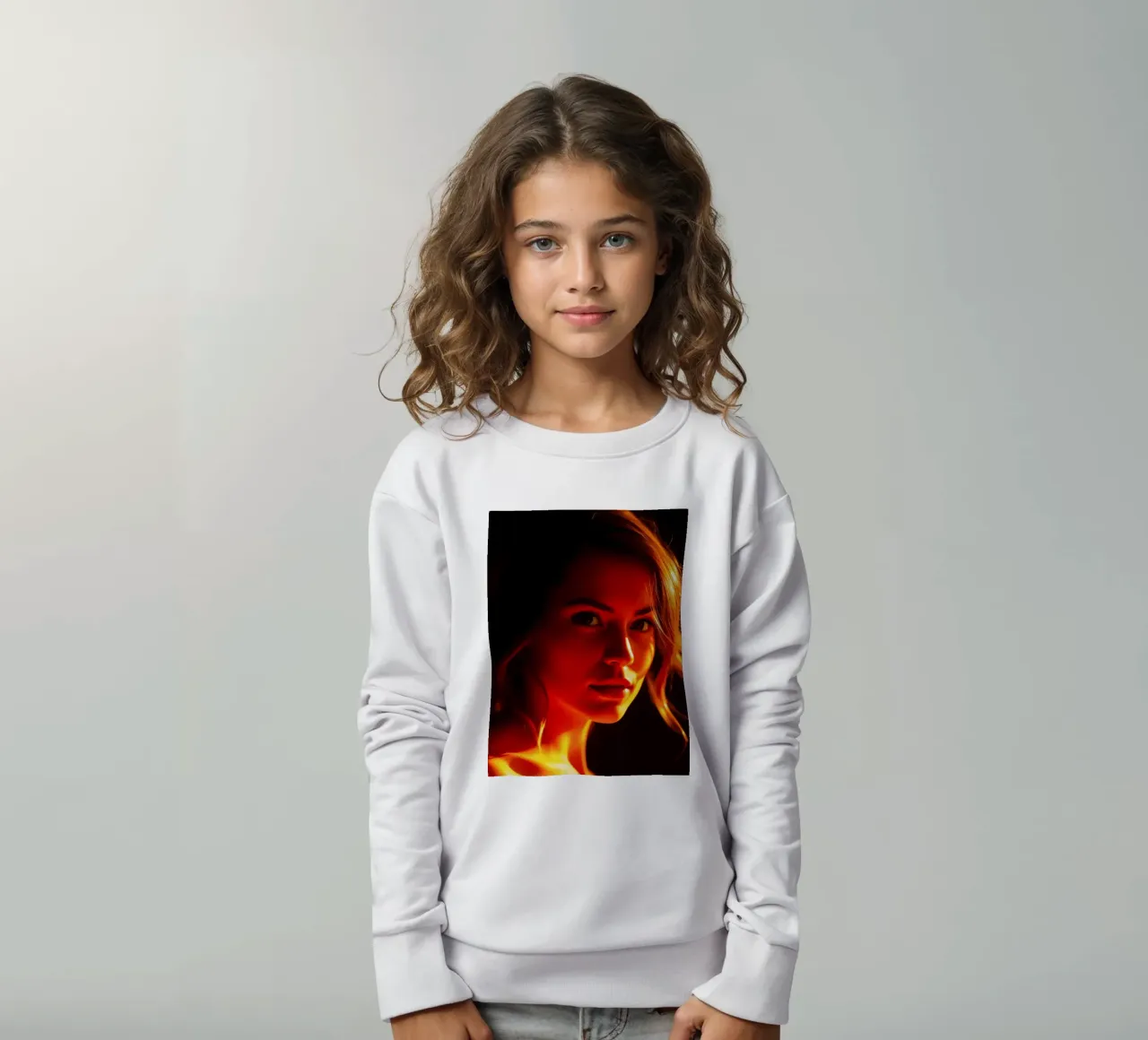 una donna con una luce calda che mette in risalto i suoi tratti espressivi felpa bambino da DesignDoodle